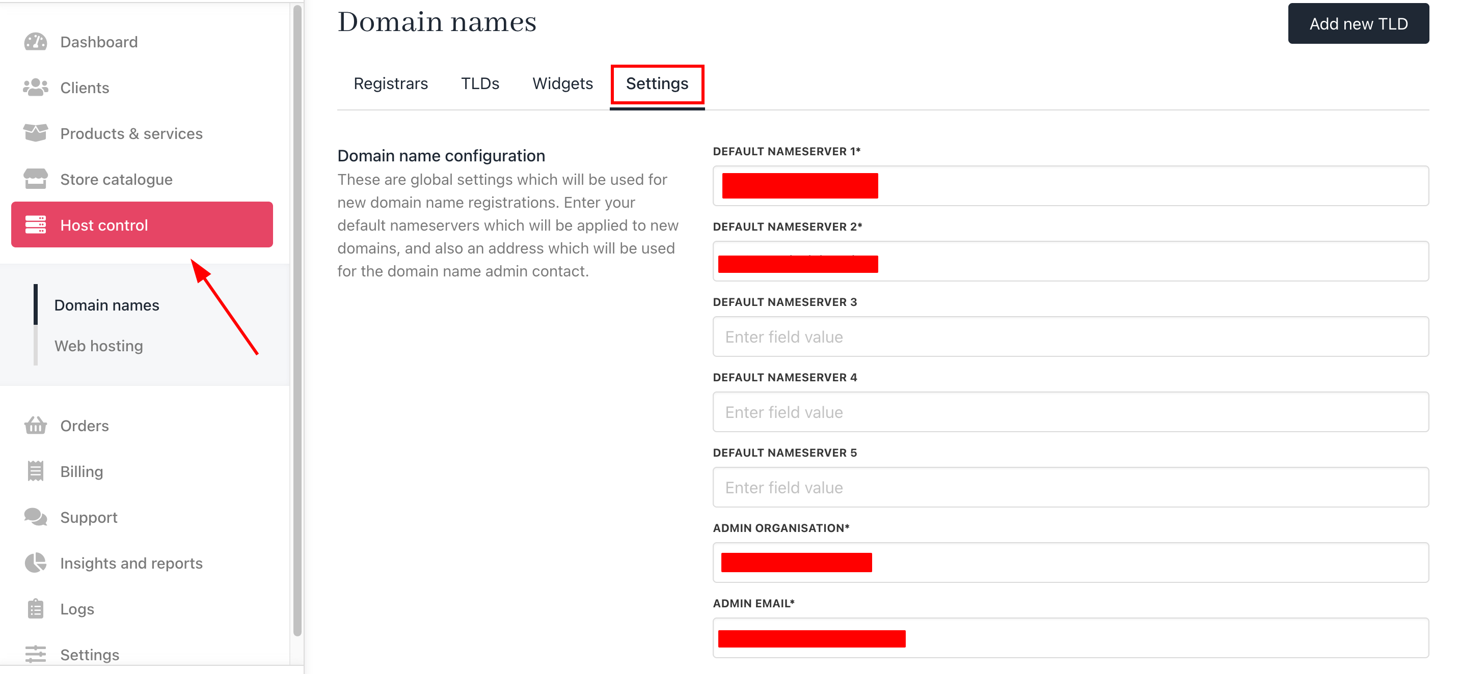 Host Control > Domain Names < Settings