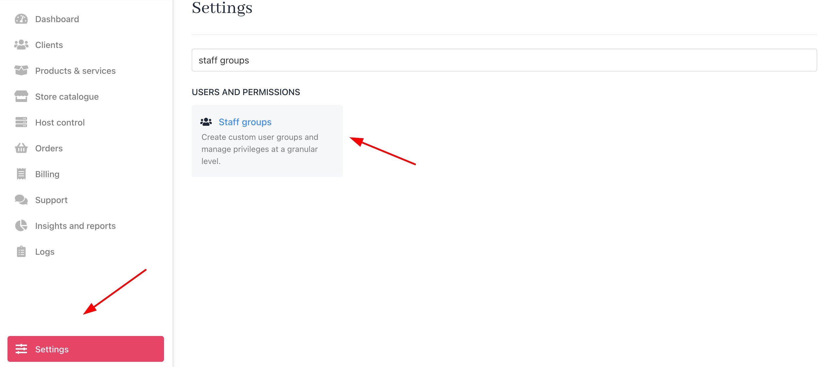 Settings > Users and Permissions > Staff Groups