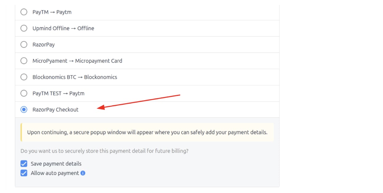 Choose RazorPay Checkout in the store checkout