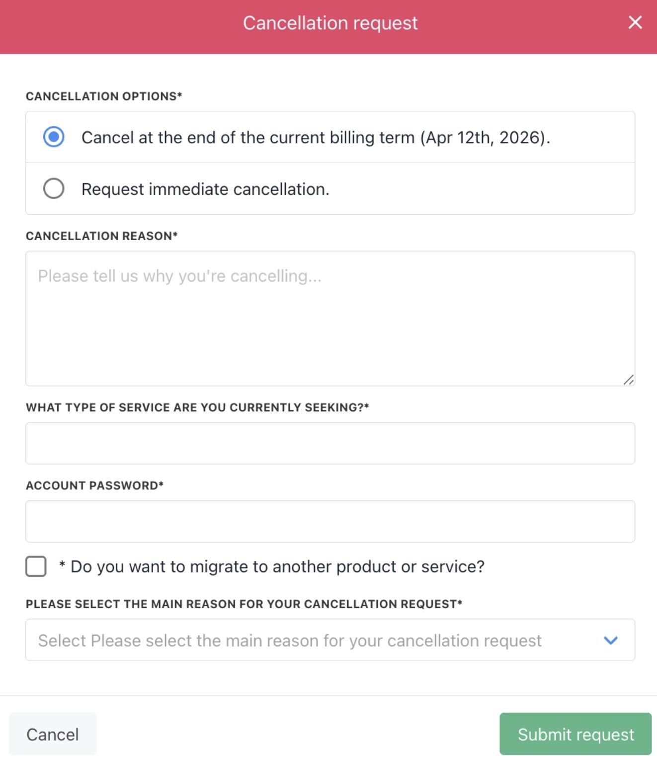 Submit cancellation request