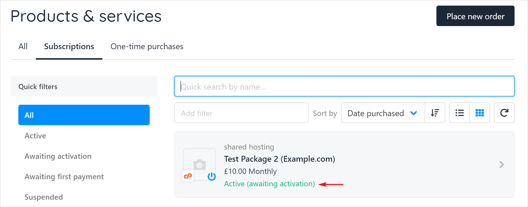 Hosting package that requires activation