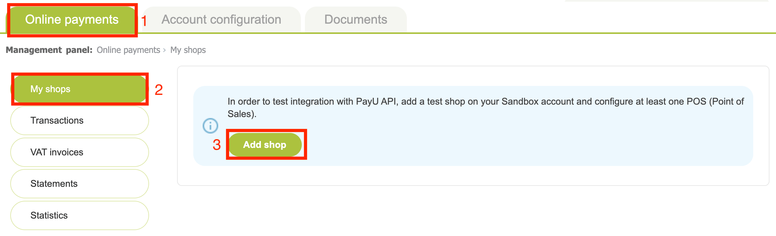 Online payment > My shop > Add shop