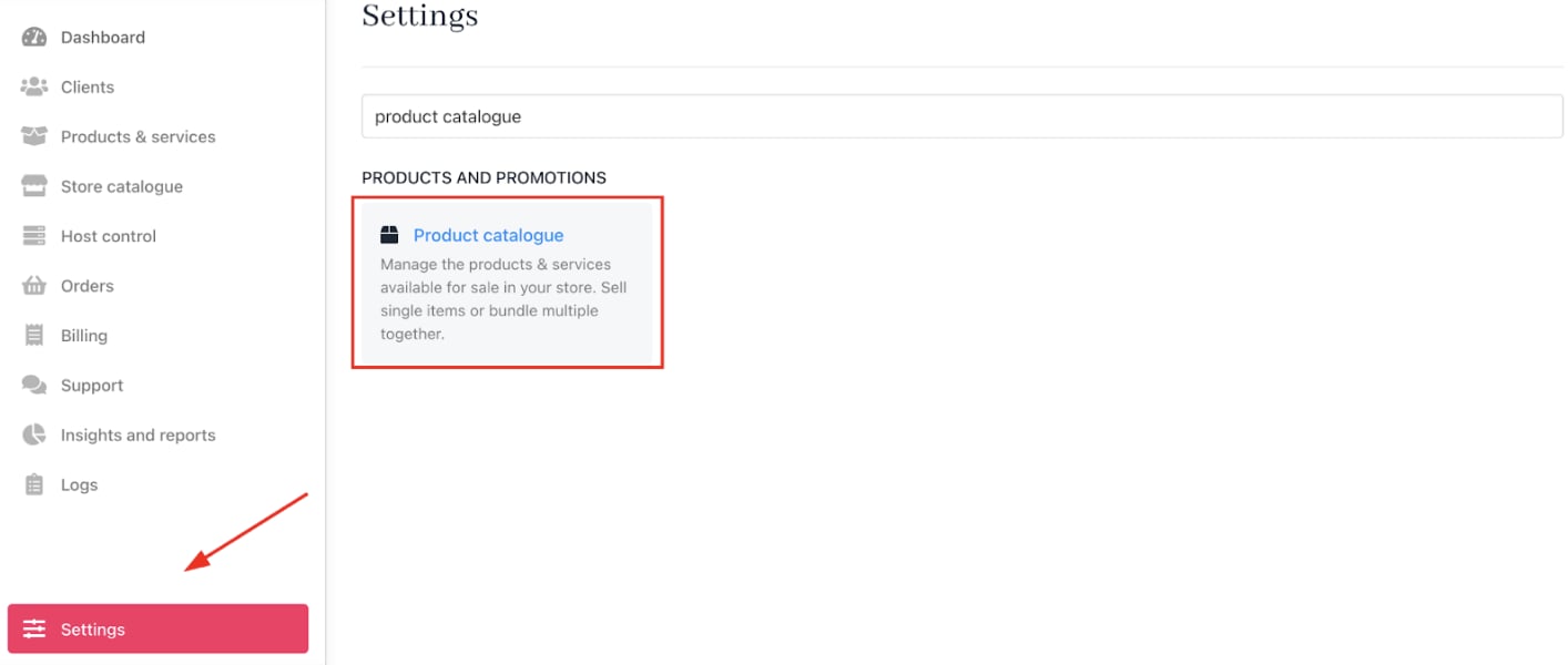 Settings > Products and Promotions > Product Catalogue