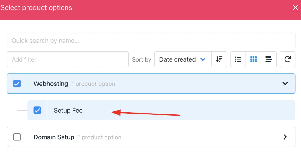 Select the product option > setup fee