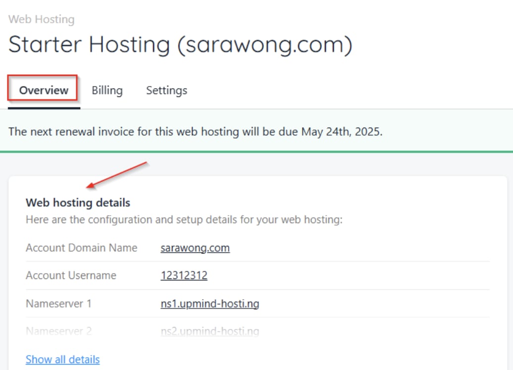Product details for web hosting
