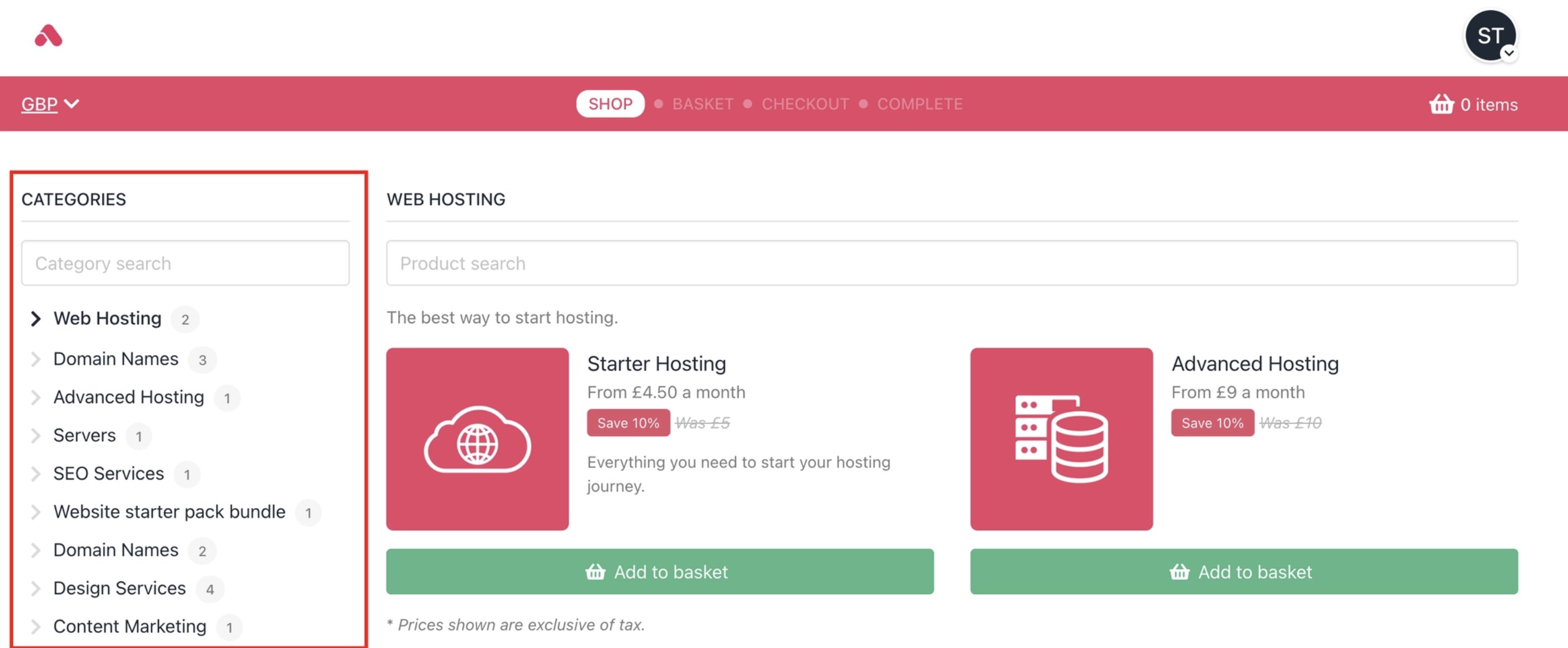 Cart 1.0 product categories