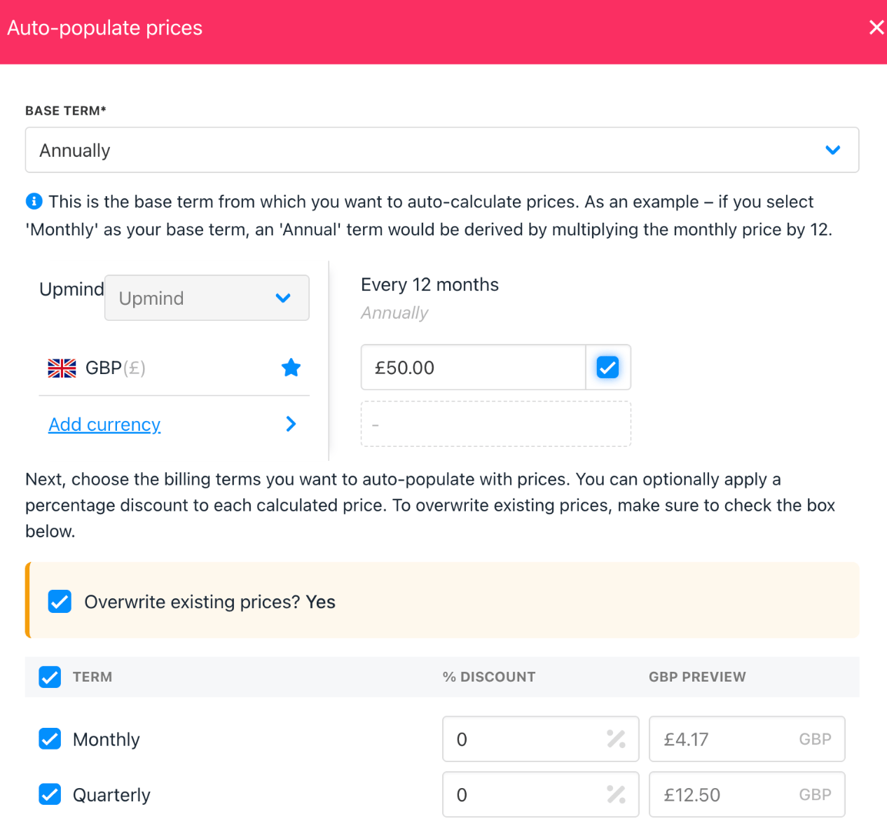 Auto-populate prices