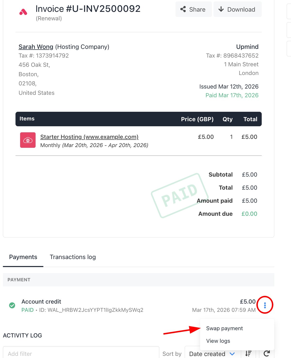 Invoice > Click swap payment