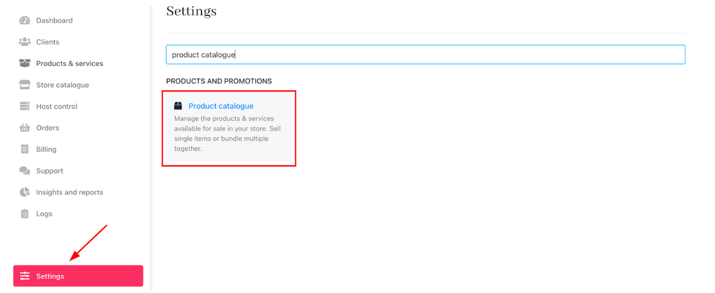 Settings > Product catalogue