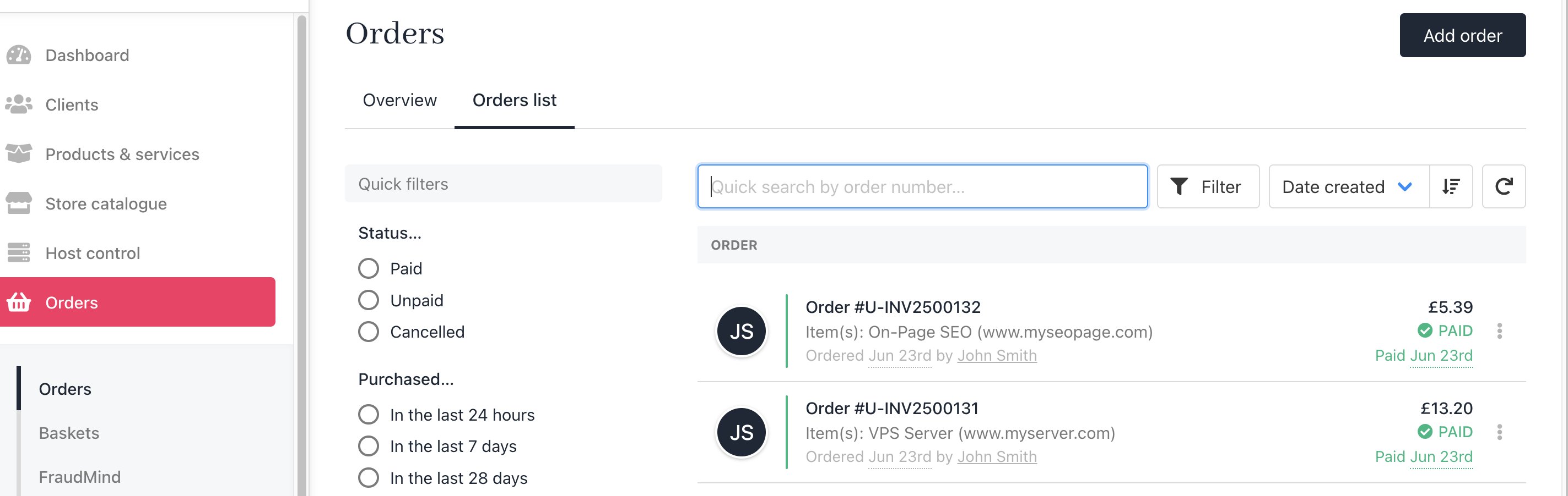 Orders list