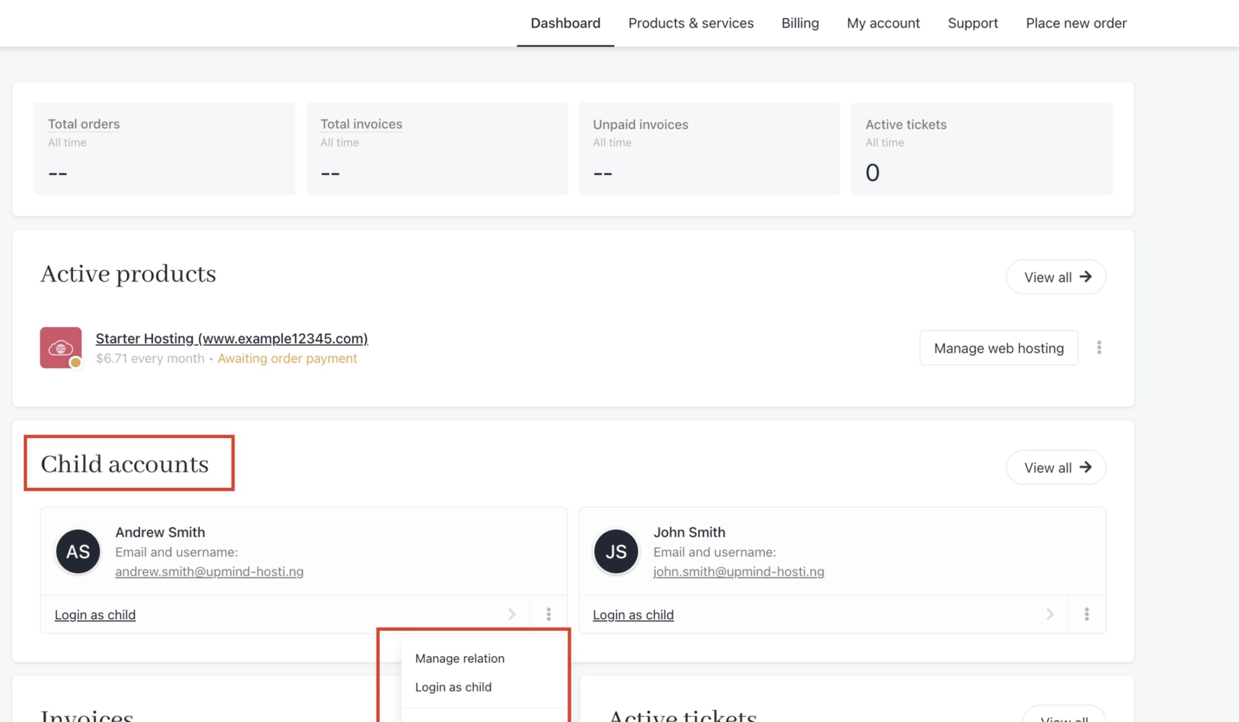 Parent Account in Client Panel