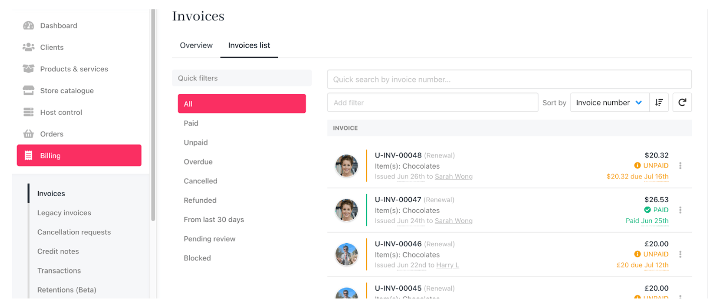 Invoices page