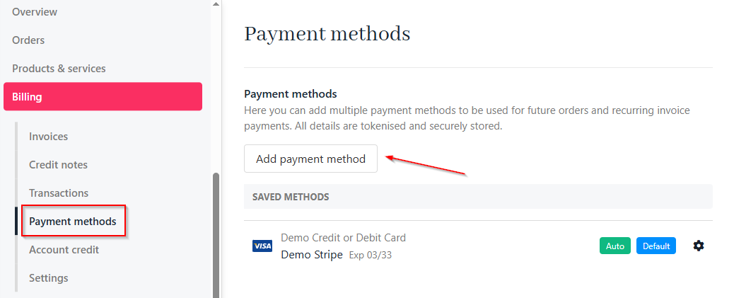 Billing > Payment methods