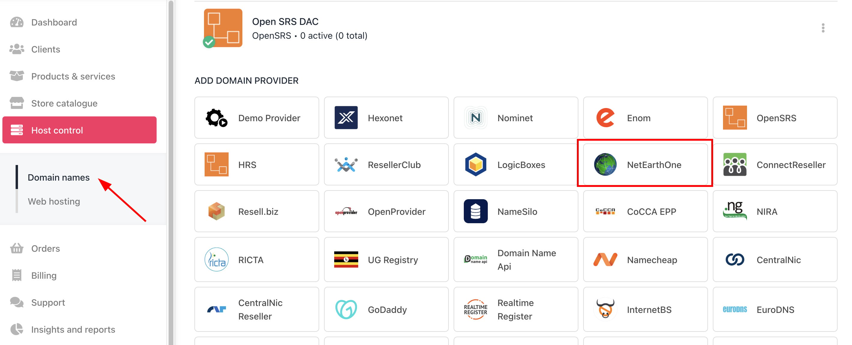 Host Control > Domain names > Registrars