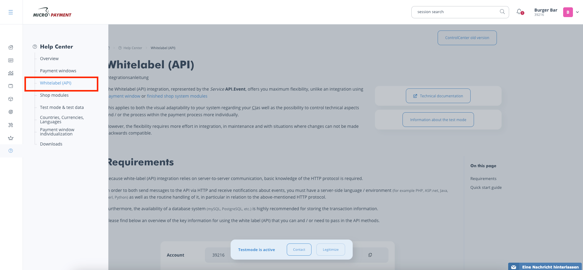Go to Help Center > Whitelabel (API)