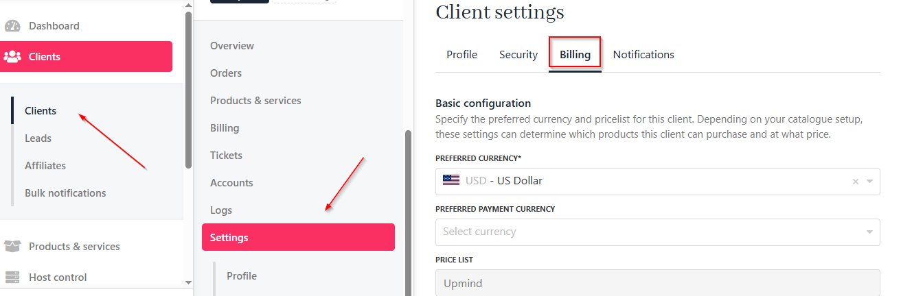 Clients > Settings > Billing