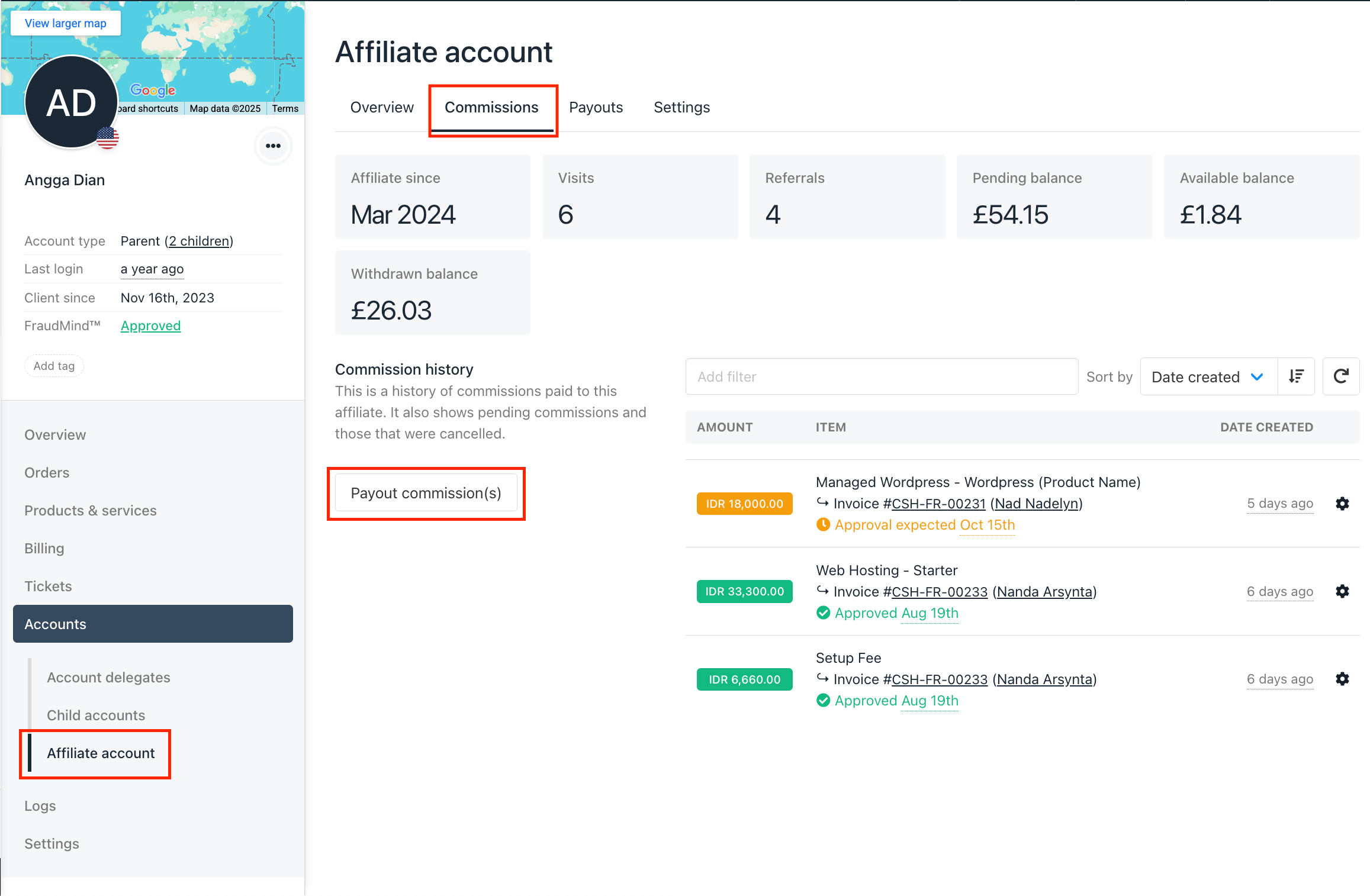 Affiliate Account → Commissions
