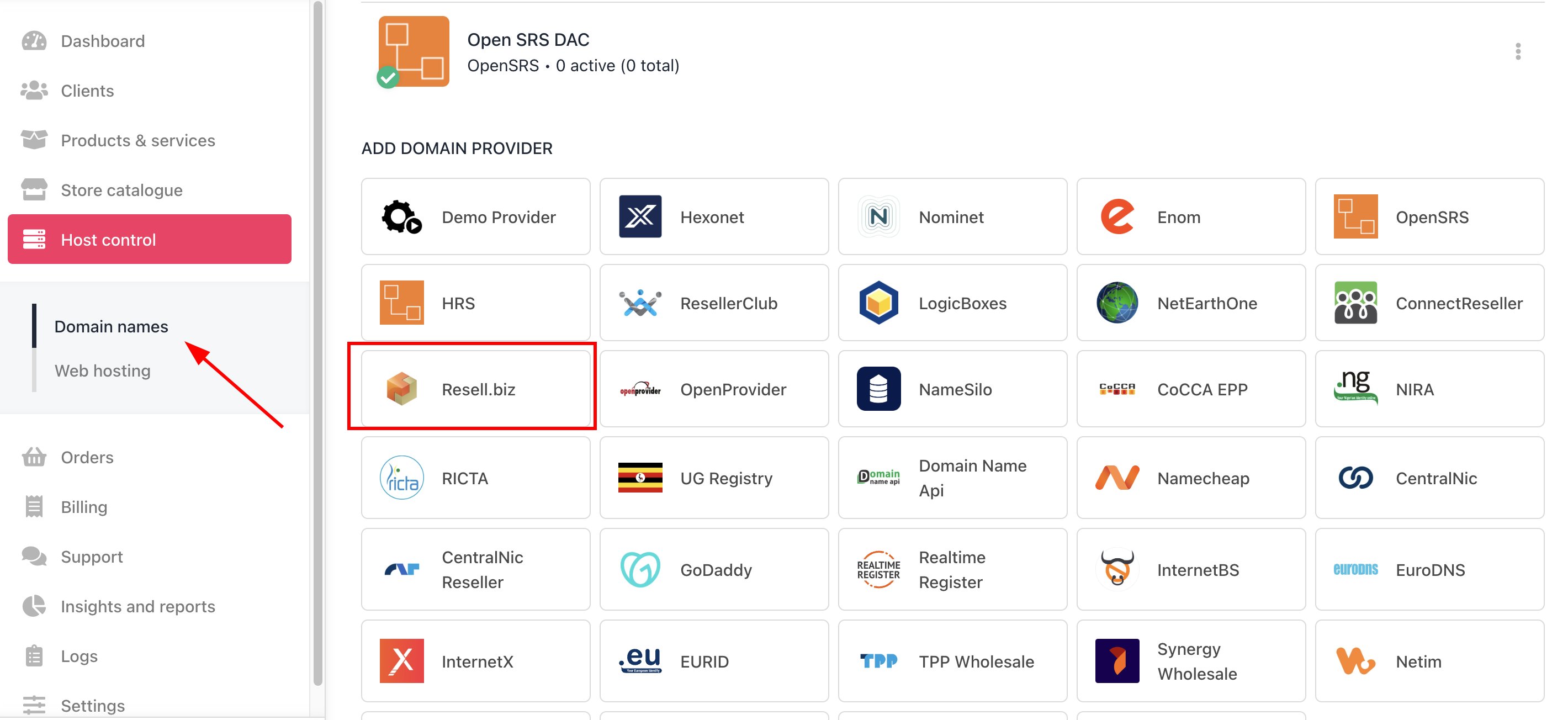 Host Control > Domain names > Registrars