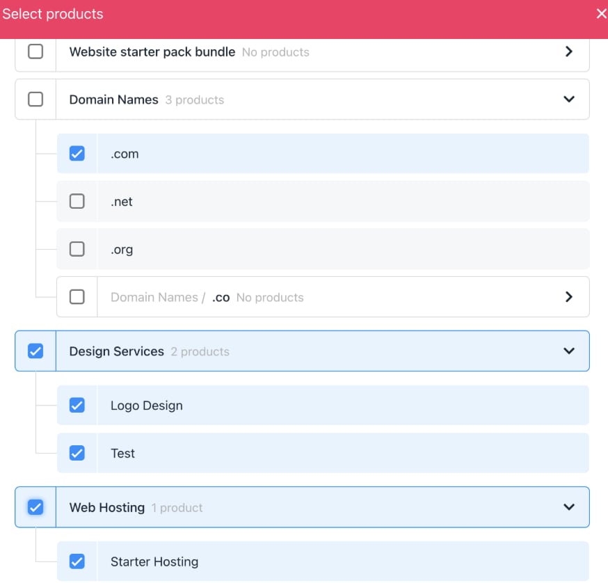 Check boxes to add items