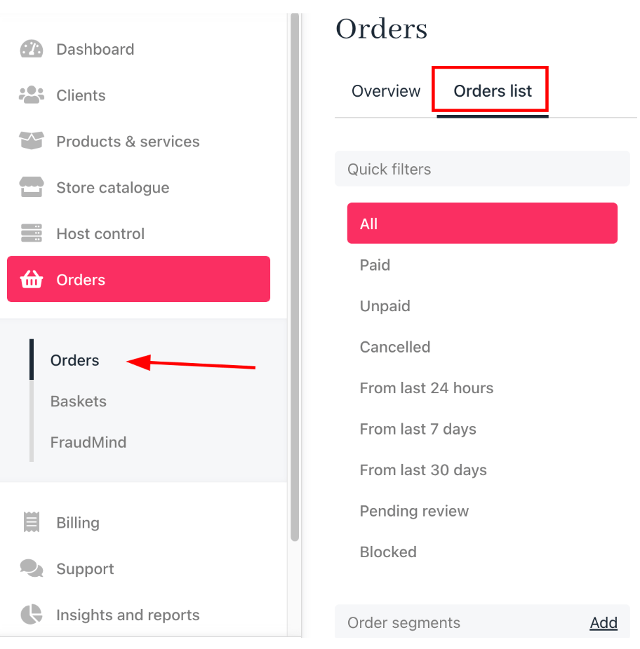 Orders list