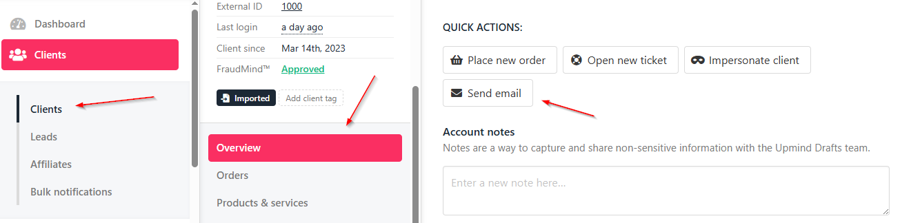 Clients > Overview > Quick actions