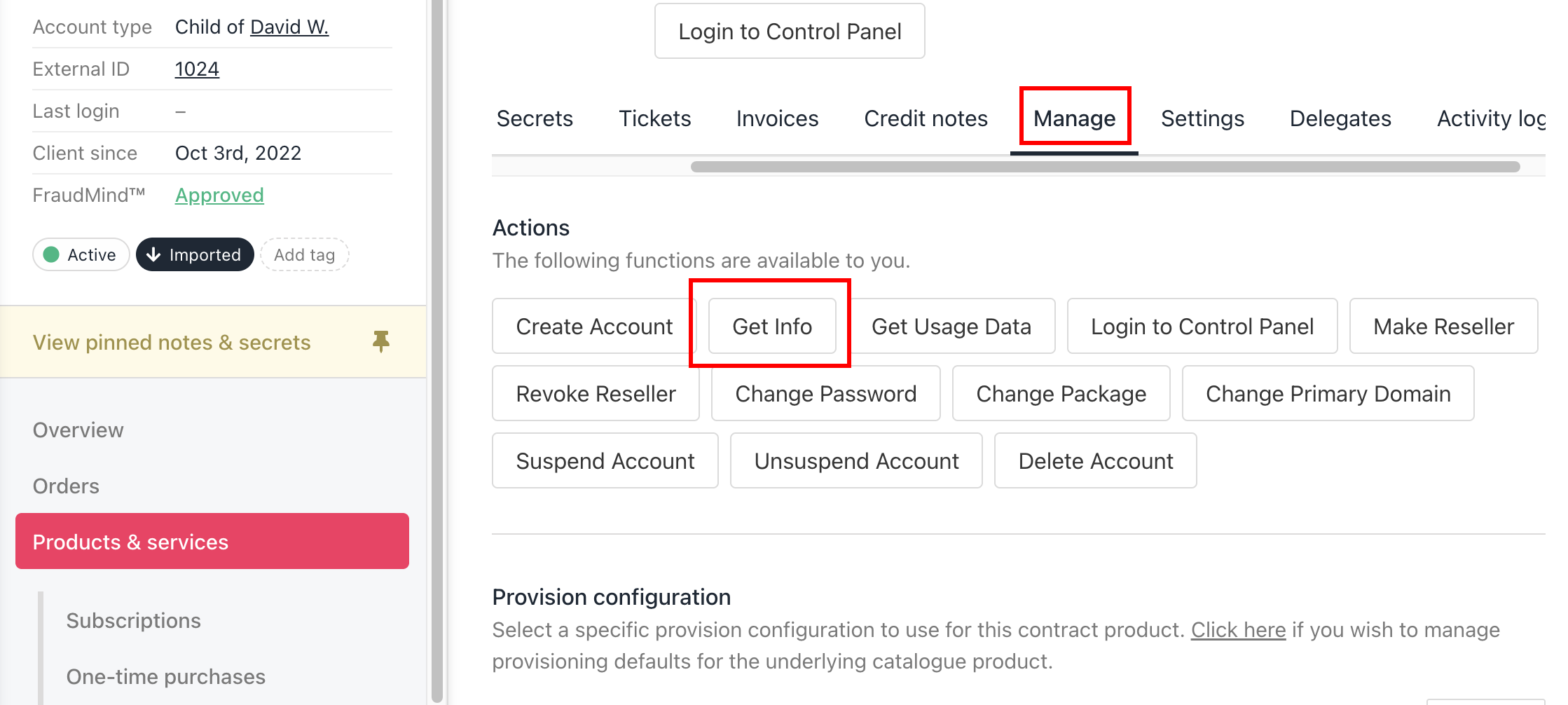 Product > Manage > Get Info