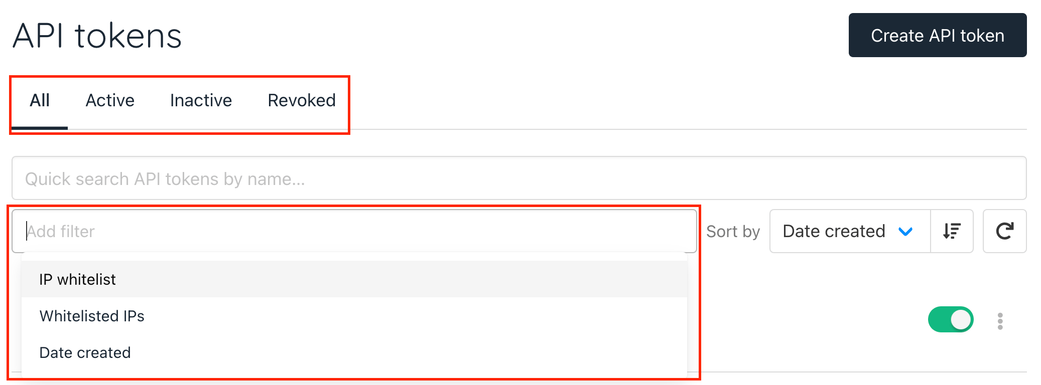 API token filters
