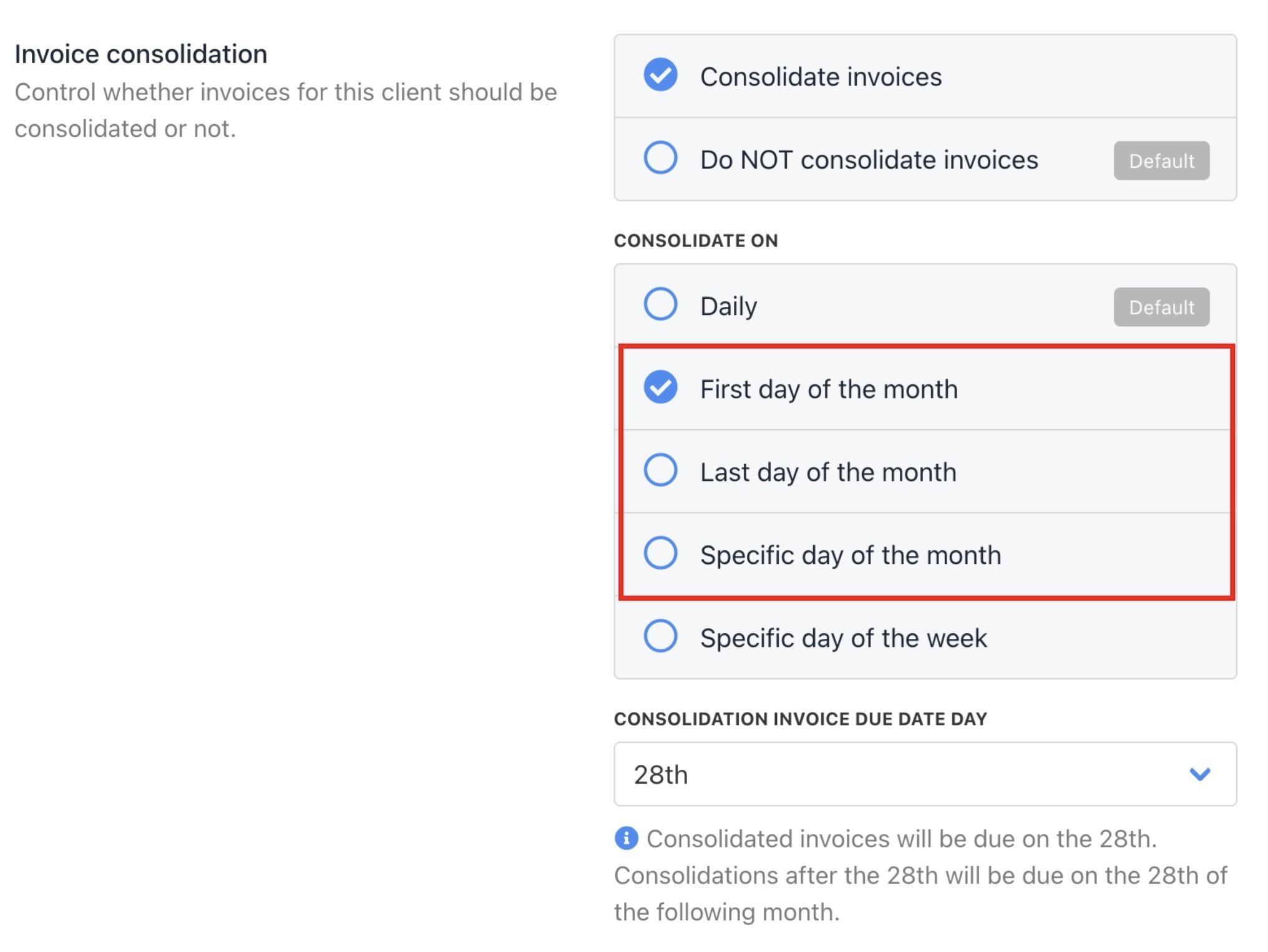 Clients > Consolidate Invoices (Staff)