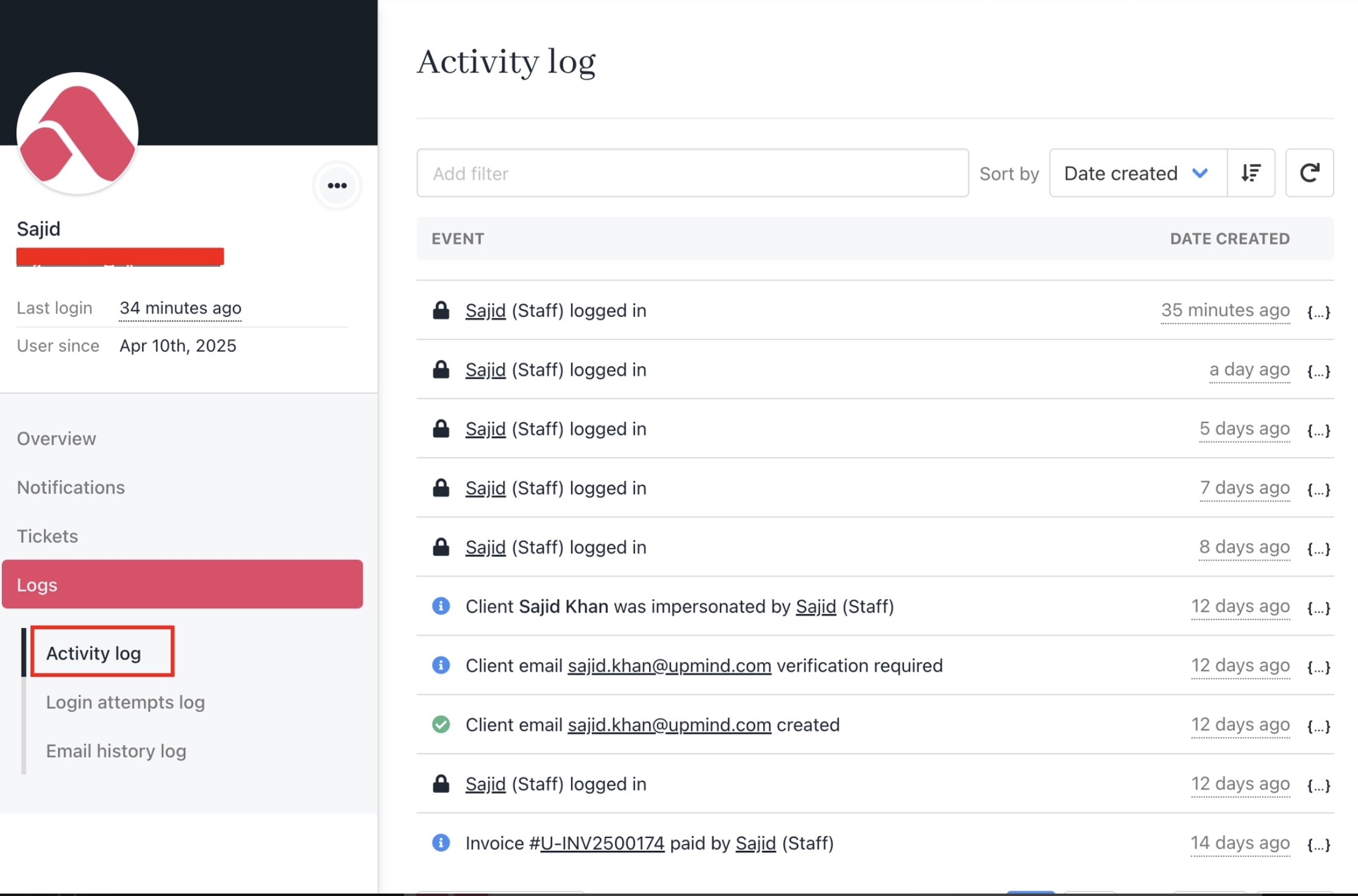 Activity log