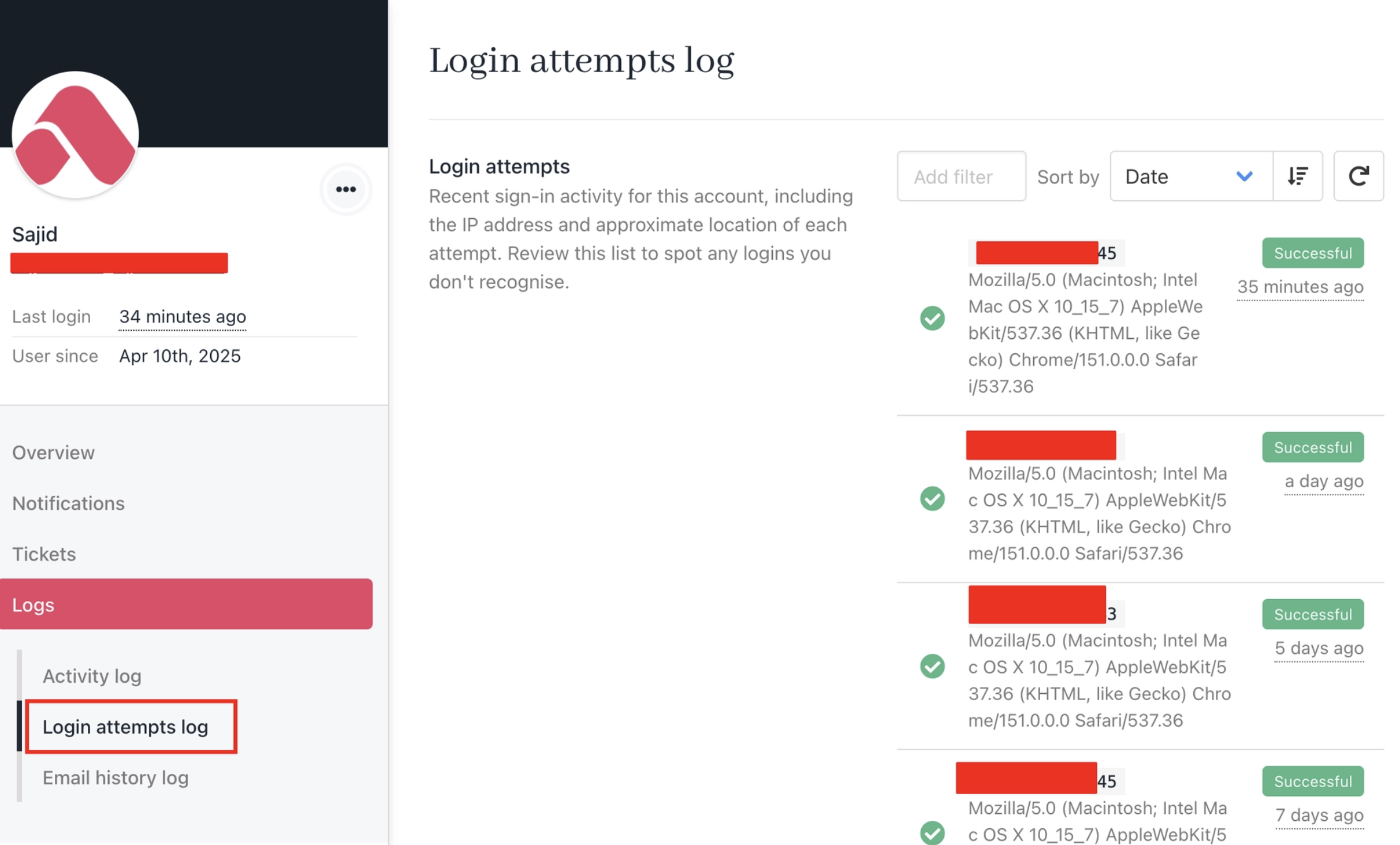 Login attempts log
