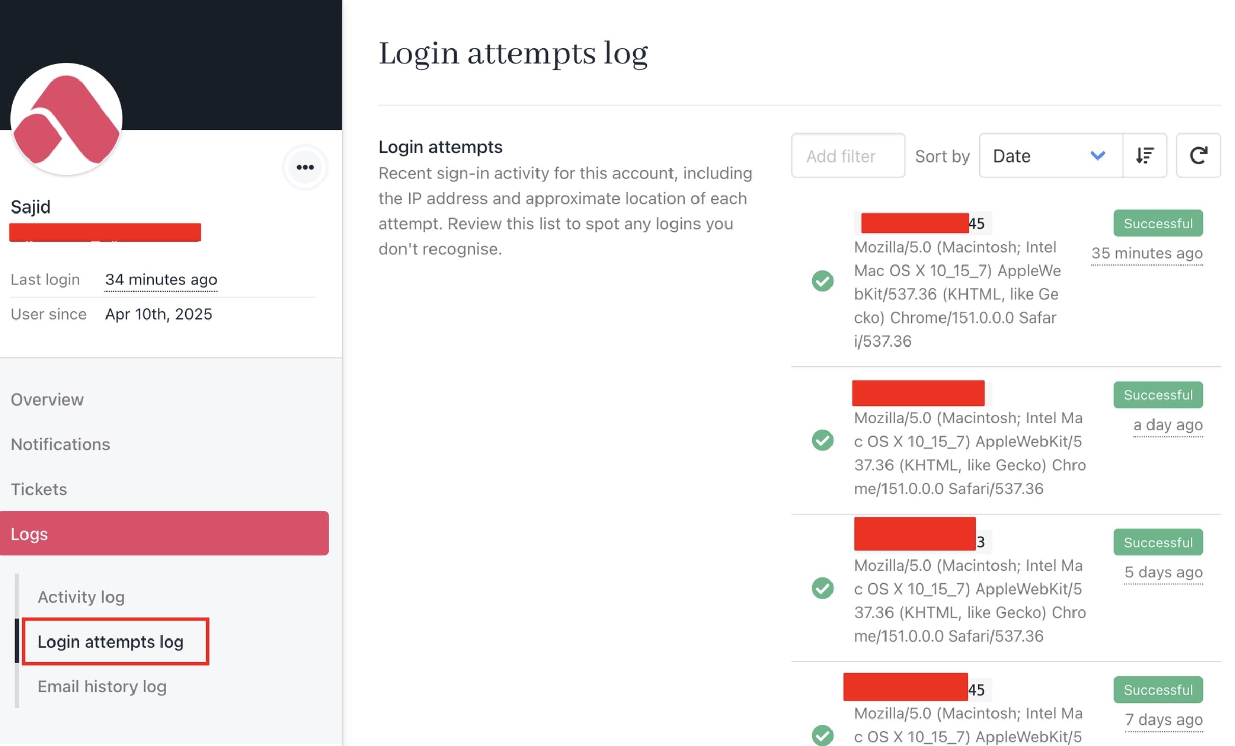Login attempts log