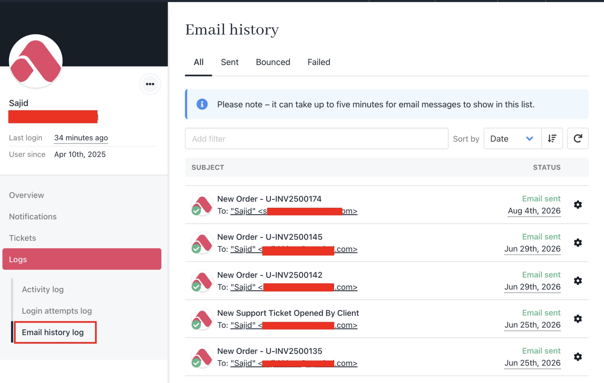 Email history log