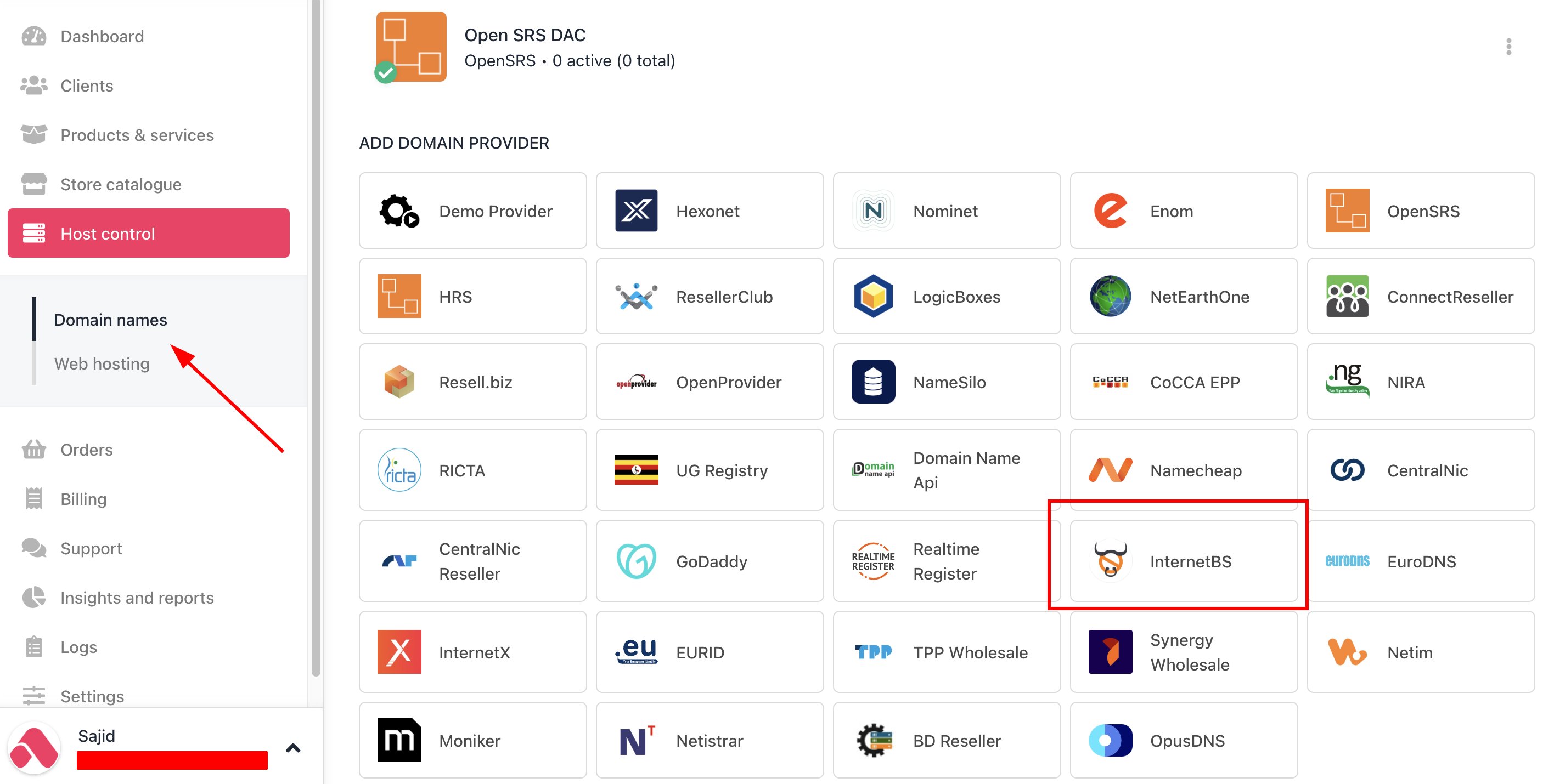 Host Control > Domain names > Registrars
