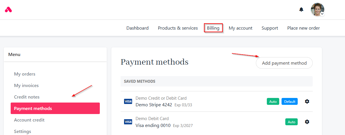Billing > Payment methods