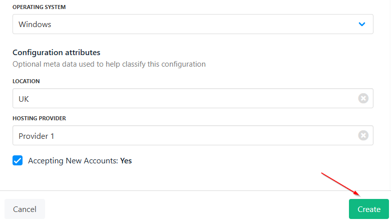 Add configuration attributes and click create