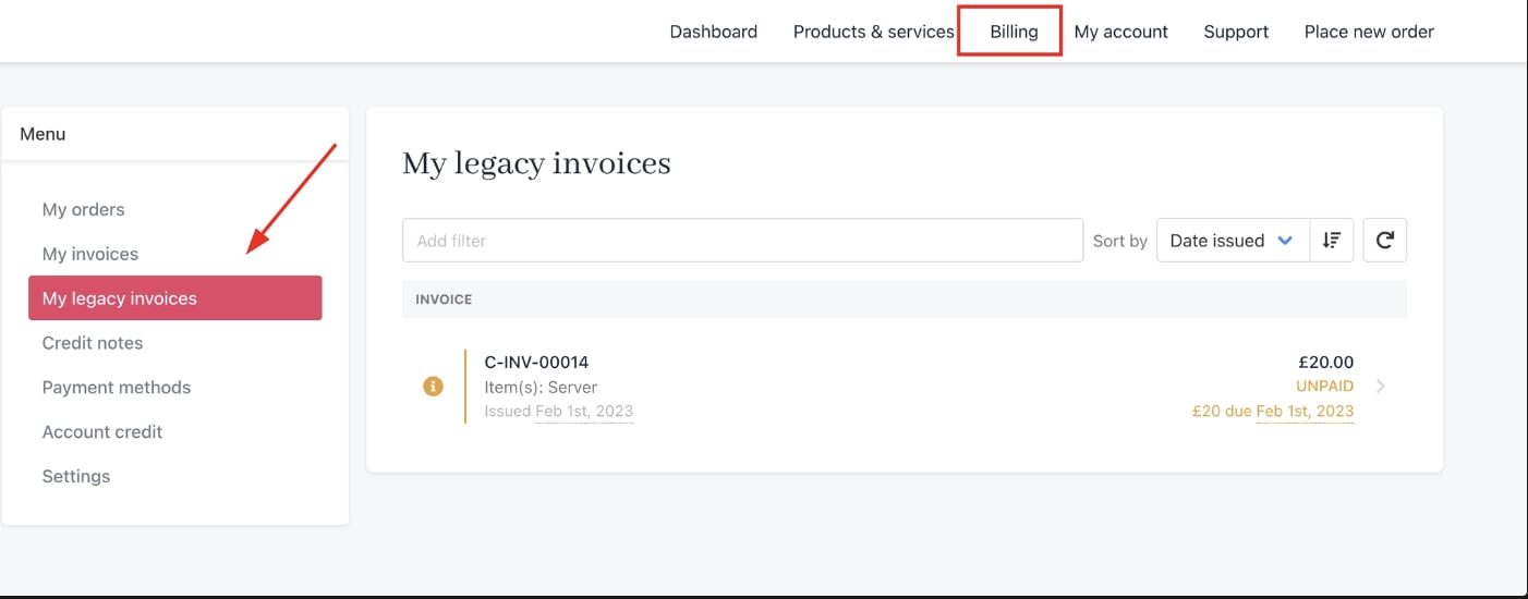 Billing > My legacy invoices
