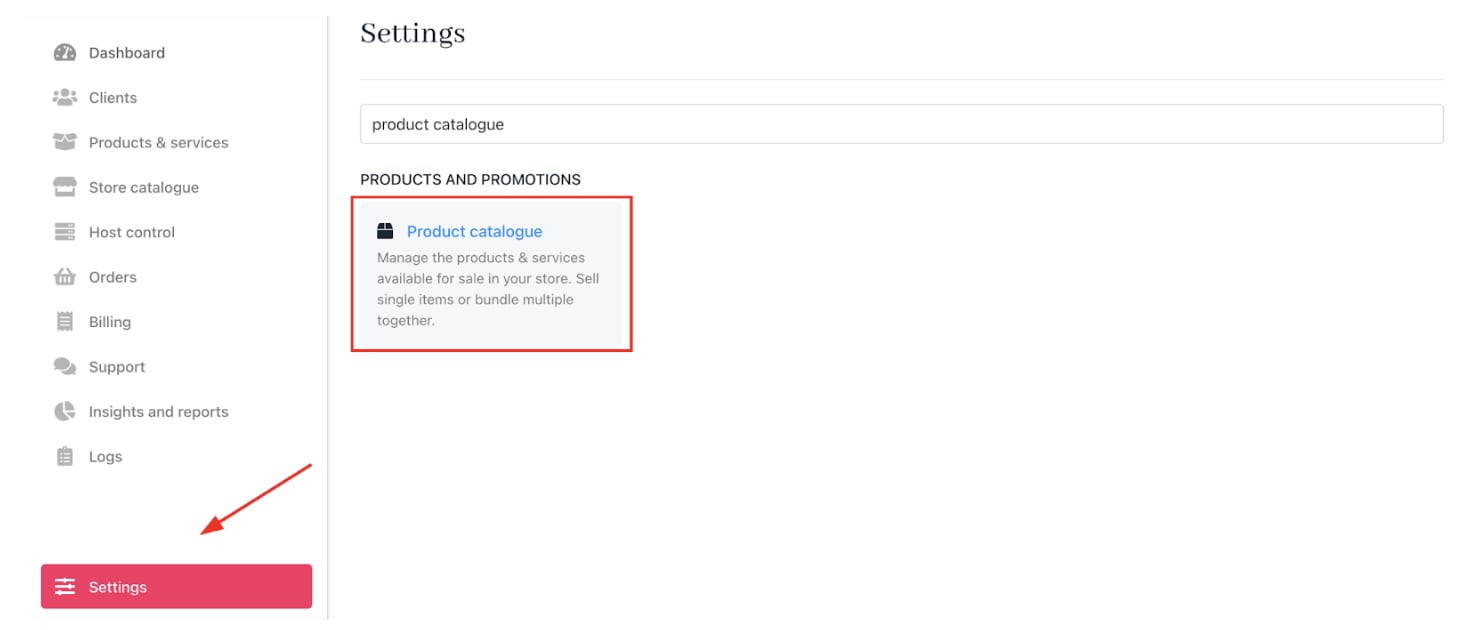 Settings > Products and Promotions > Product Catalogue