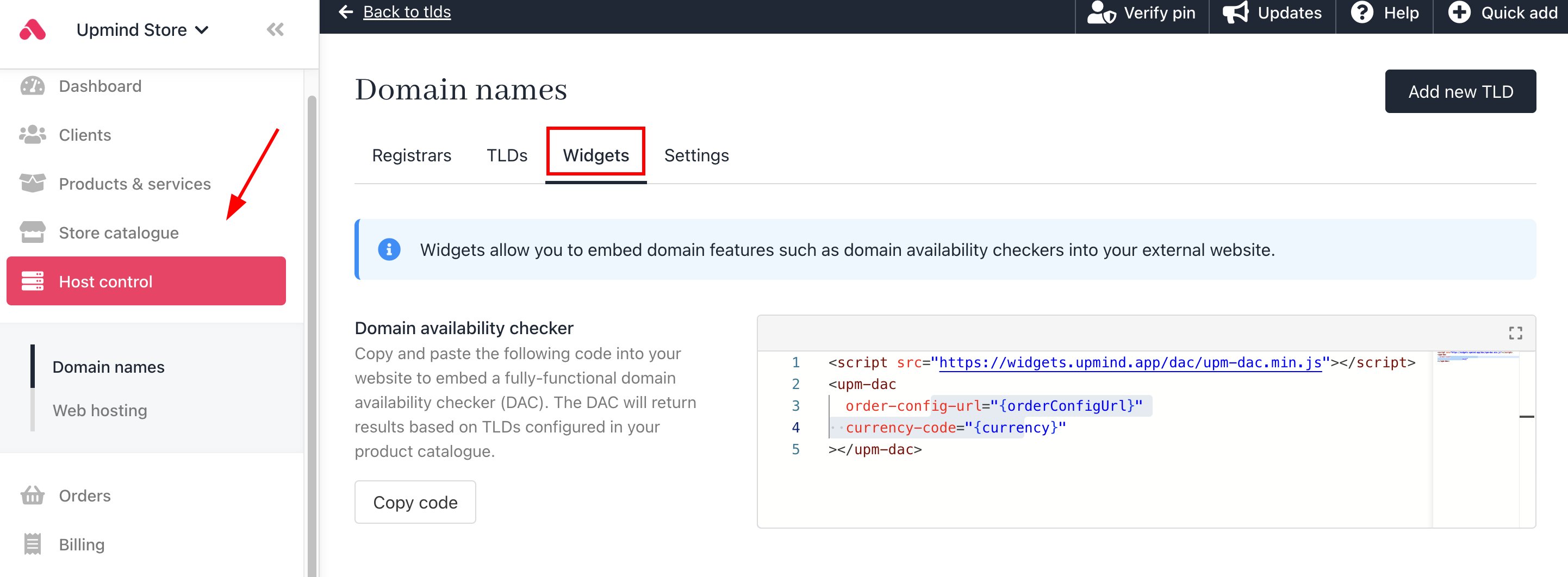 Host Control > Domain names > Widgets