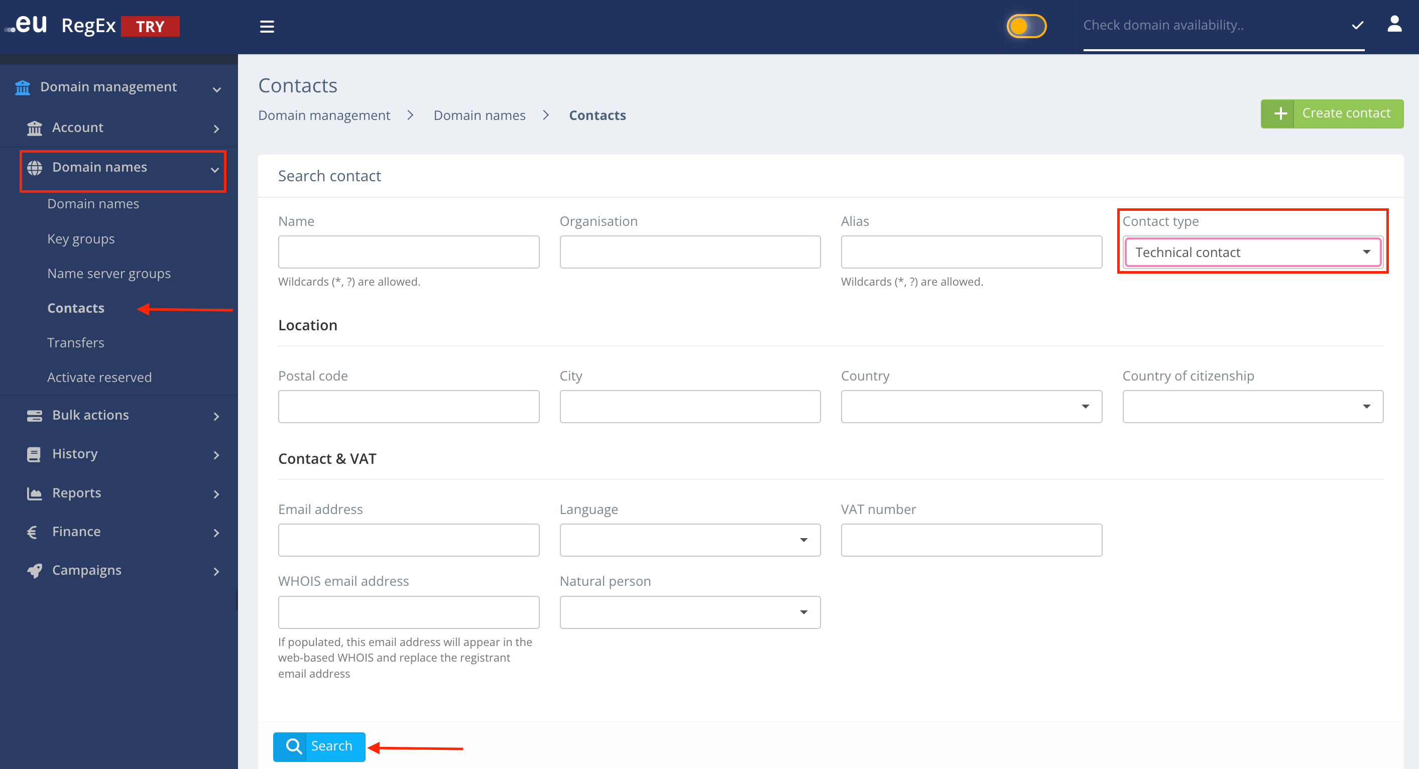 Search Technical Contact ID