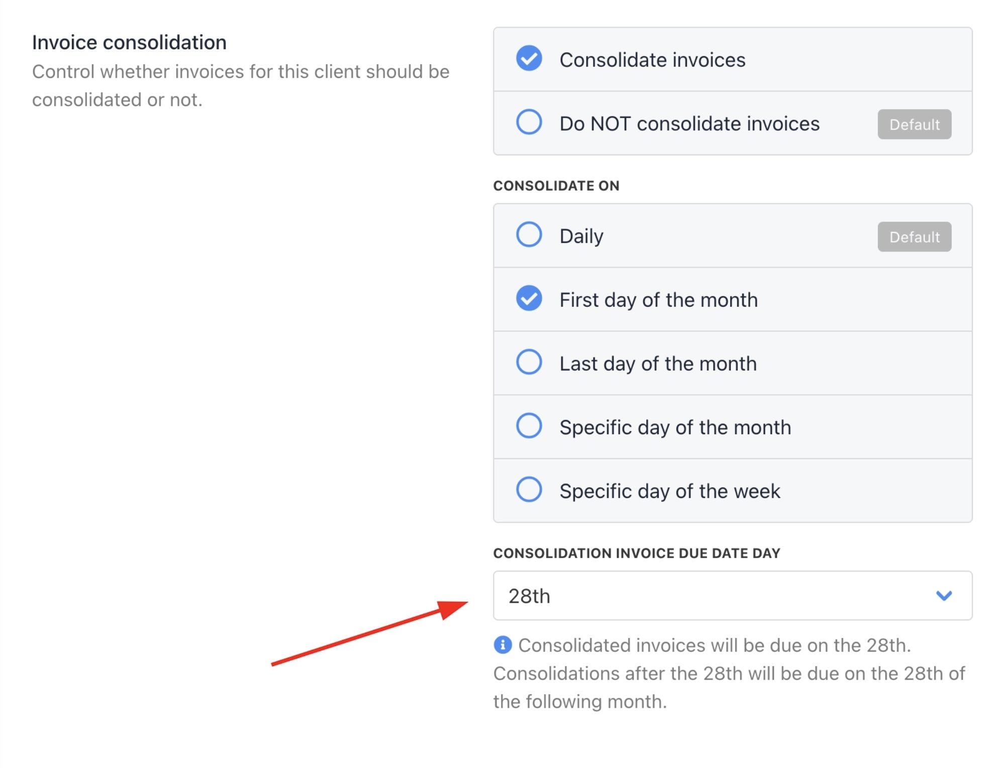 Specify consolidation invoice due date day