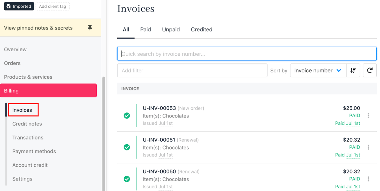 Invoices section