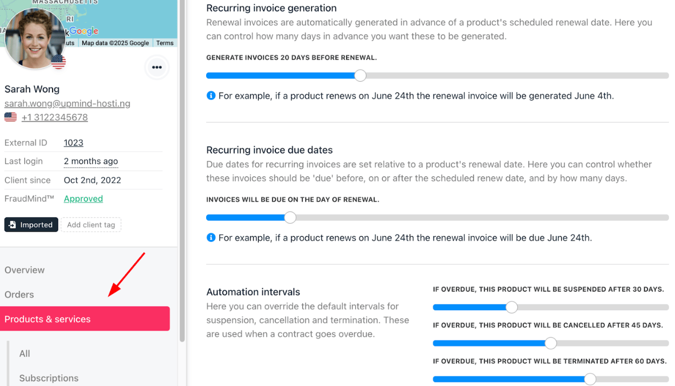 Client > Products & services > Settings