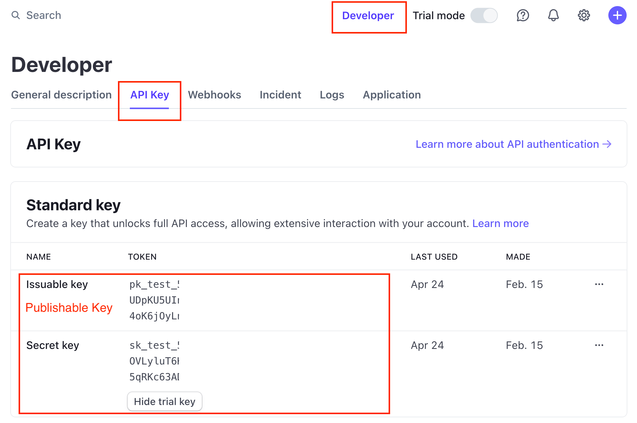 Developers > API keys