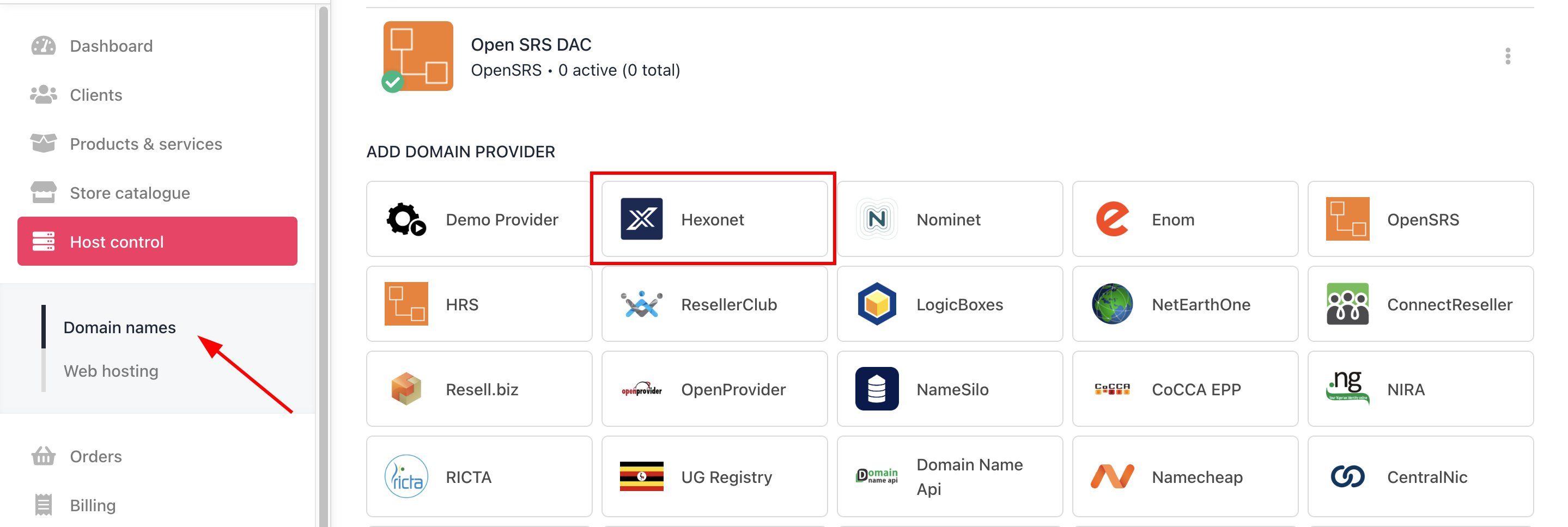Host Control > Domain names > Registrars