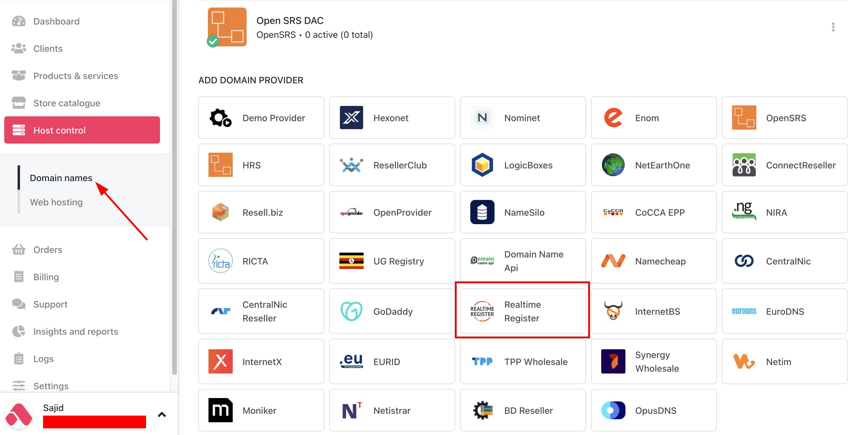Host Control > Domain names > Registrars
