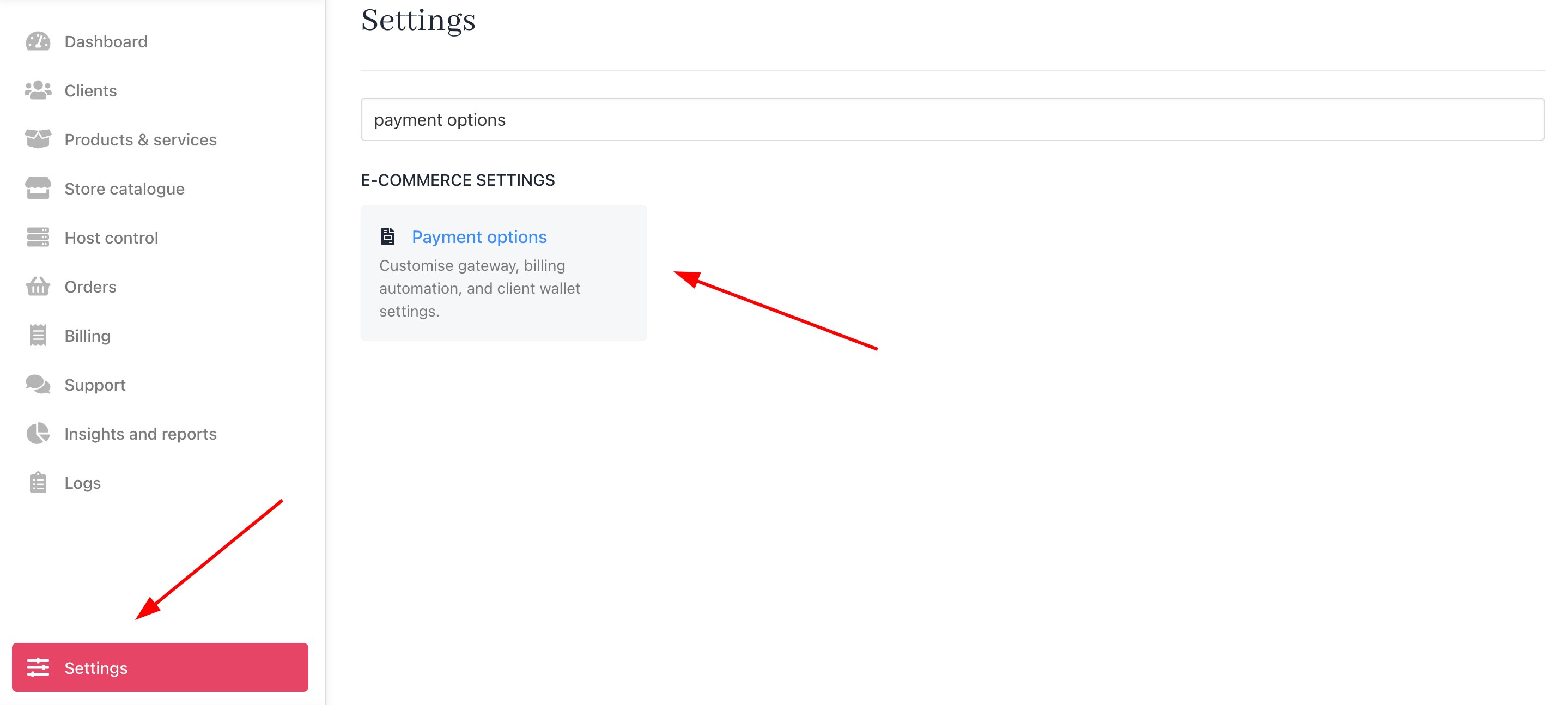 Settings > E-commerce Settings > Payment Options