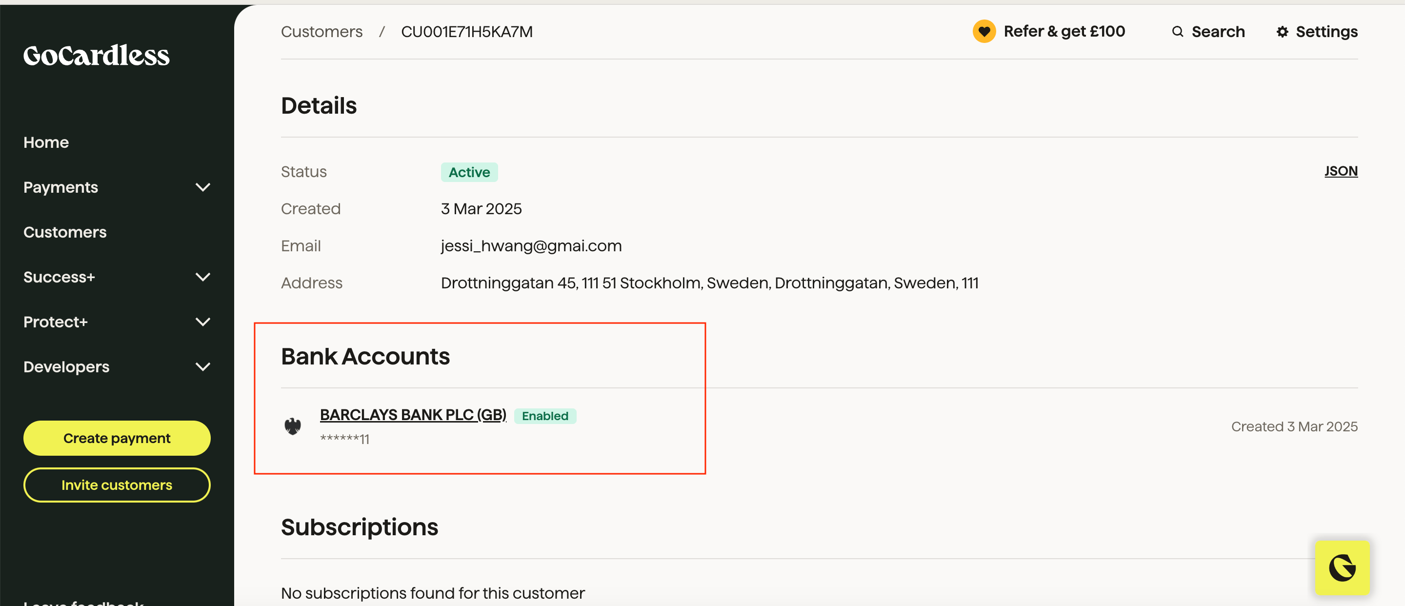 Bank account under customer profile