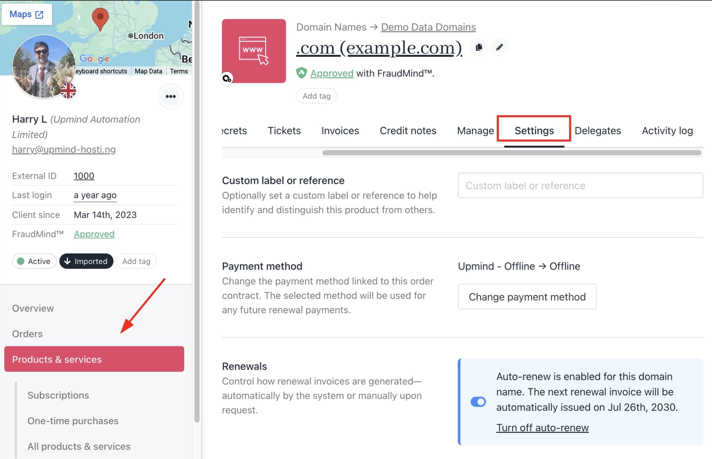 Products & Services > Settings tab