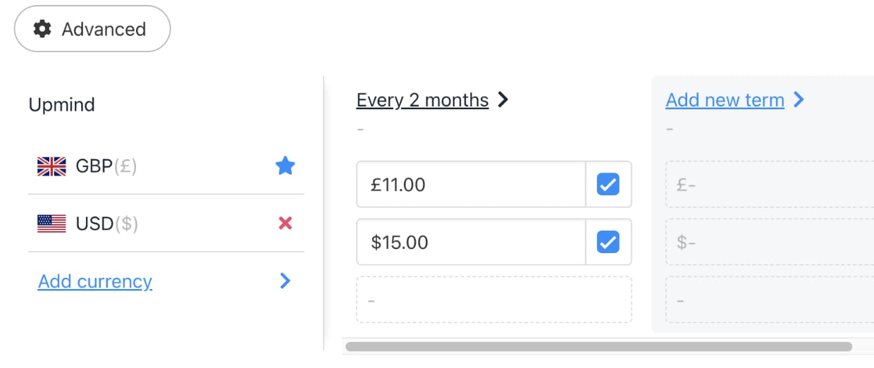 Enter price for each currency