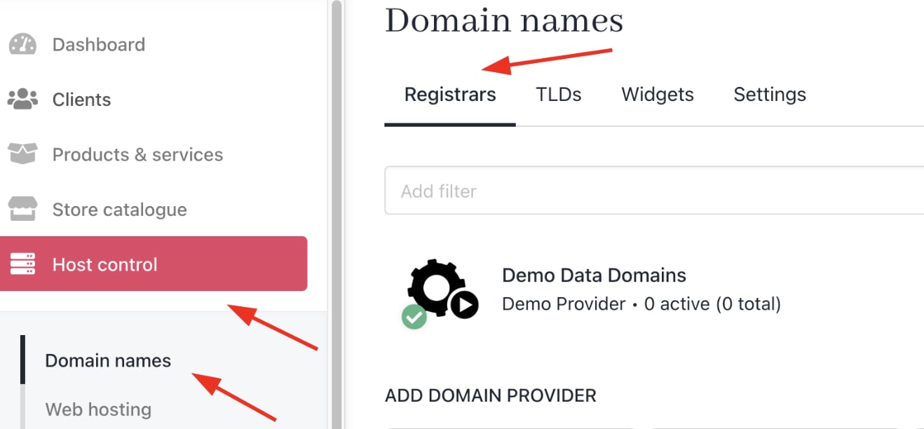 Host Control > Domain Names > Registrars